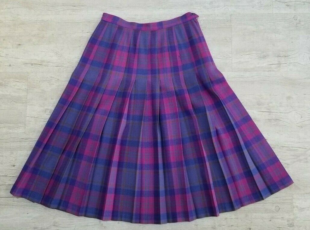 Vintage PENDLETON Purple Pink PLEATED PLAID WOOL SKIRT - Waist 26 inches - Fresh Stock Dated February 2026