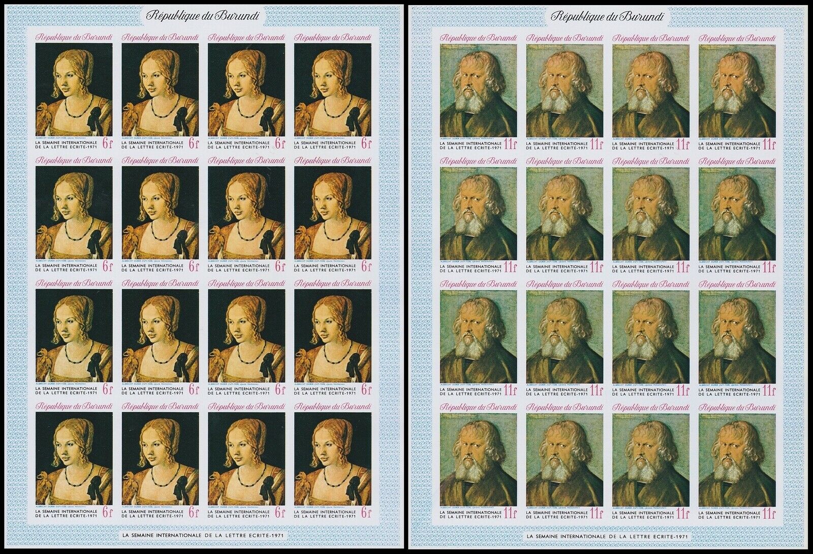 Burundi 1971 Durer Paintings Stamp set - MNH Imperforate Full Sheets.......A5614 - Fresh Stock Dated December 2025