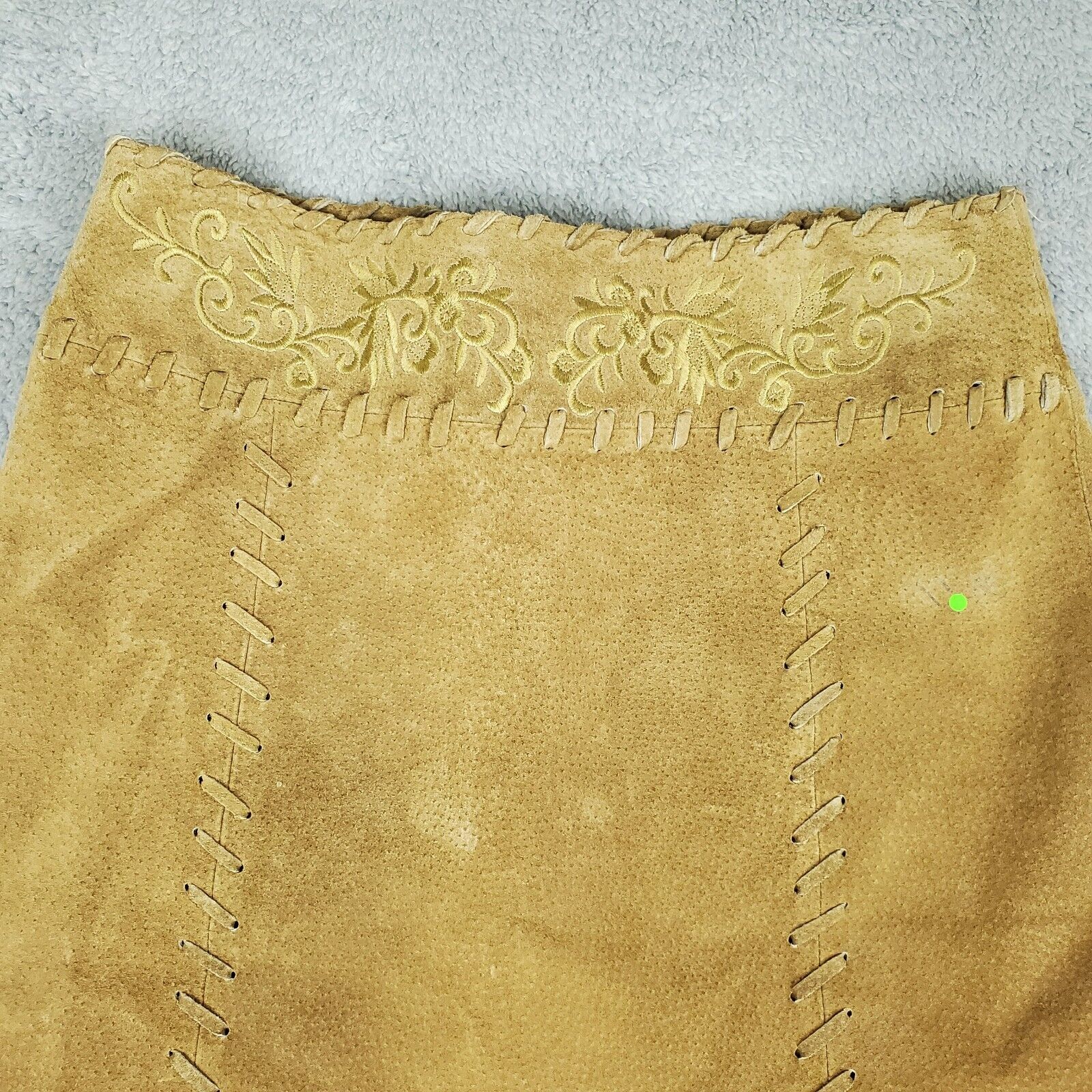 Vtg 90s Wet Seal Leather Skirt W27xL24 Tan Boho Asymmetrical Fringe Embroidered - Fresh Stock Dated March 2026
