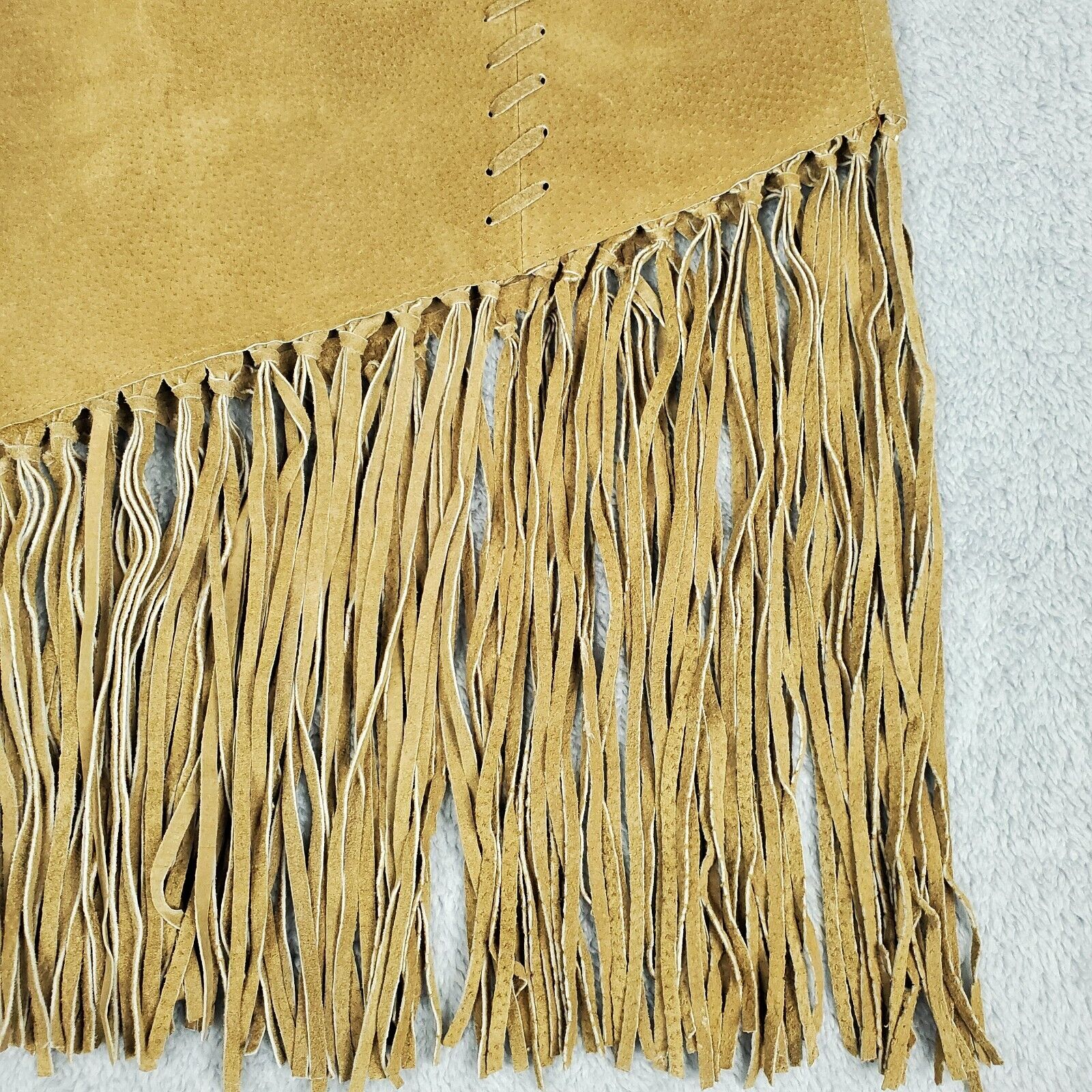 Vtg 90s Wet Seal Leather Skirt W27xL24 Tan Boho Asymmetrical Fringe Embroidered - Fresh Stock Dated March 2026