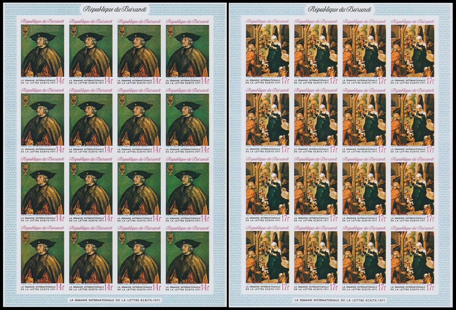 Burundi 1971 Durer Paintings Stamp set - MNH Imperforate Full Sheets.......A5614 - Fresh Stock Dated December 2025