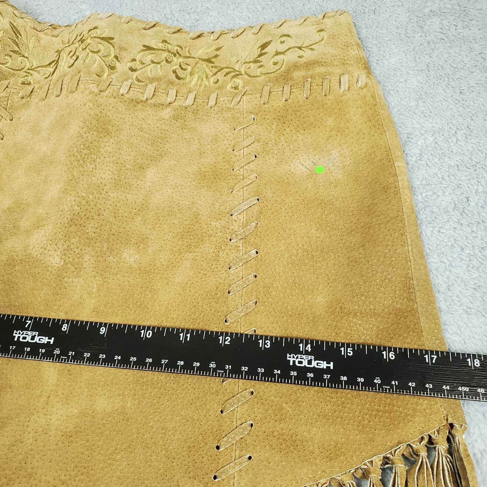 Vtg 90s Wet Seal Leather Skirt W27xL24 Tan Boho Asymmetrical Fringe Embroidered - Fresh Stock Dated March 2026