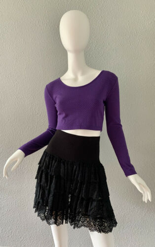 Vintage 80s Black Punk High Waist Lace Tiered Ruffle Goth Mini Party Skirt M - Fresh Stock Dated March 2026