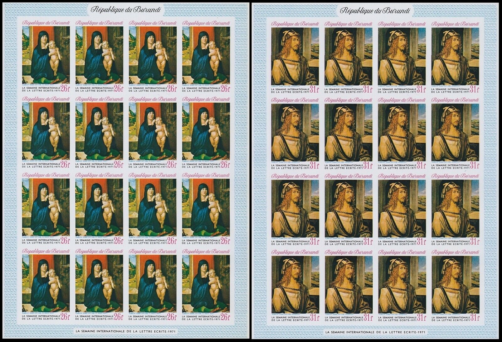 Burundi 1971 Durer Paintings Stamp set - MNH Imperforate Full Sheets.......A5614 - Fresh Stock Dated December 2025
