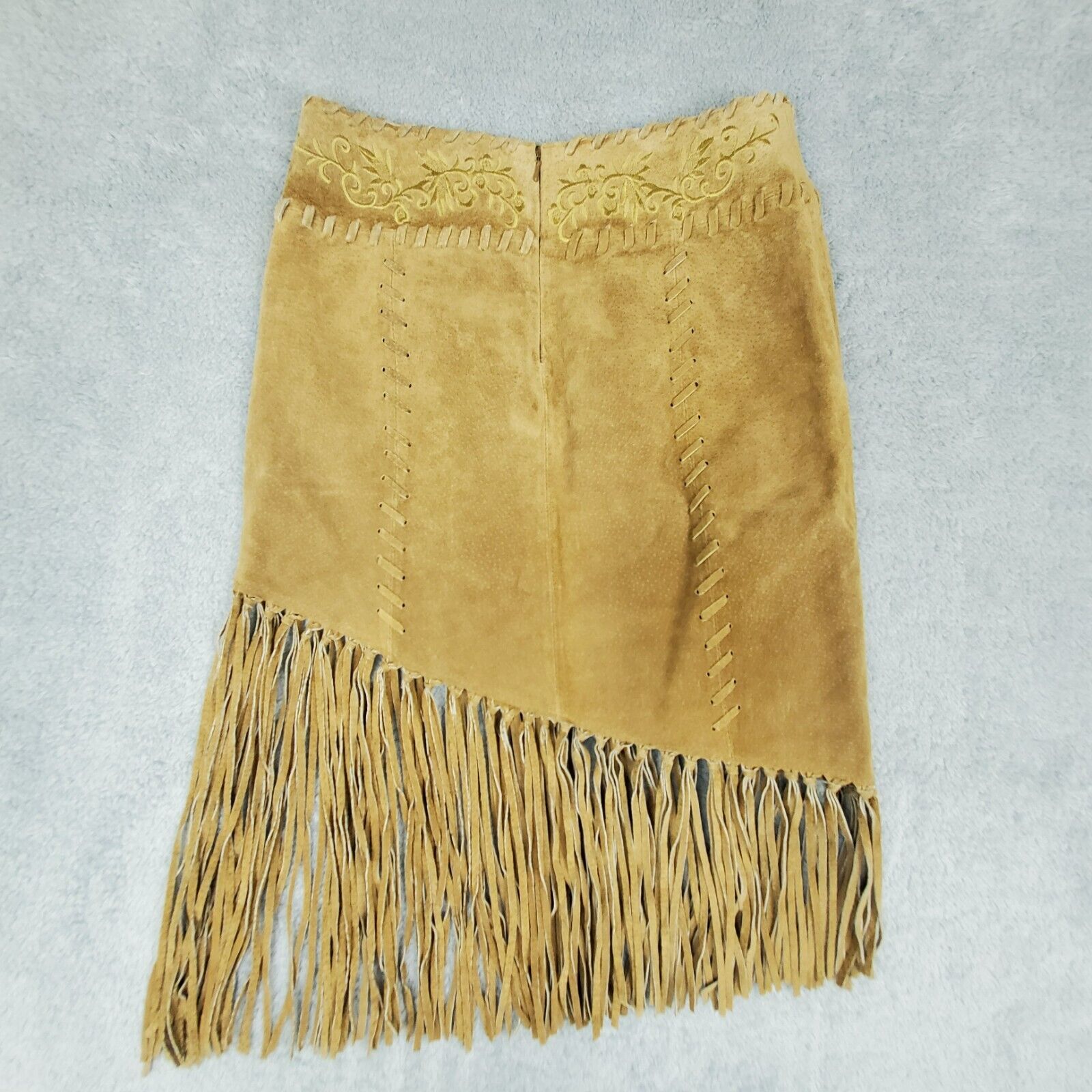 Vtg 90s Wet Seal Leather Skirt W27xL24 Tan Boho Asymmetrical Fringe Embroidered - Fresh Stock Dated March 2026