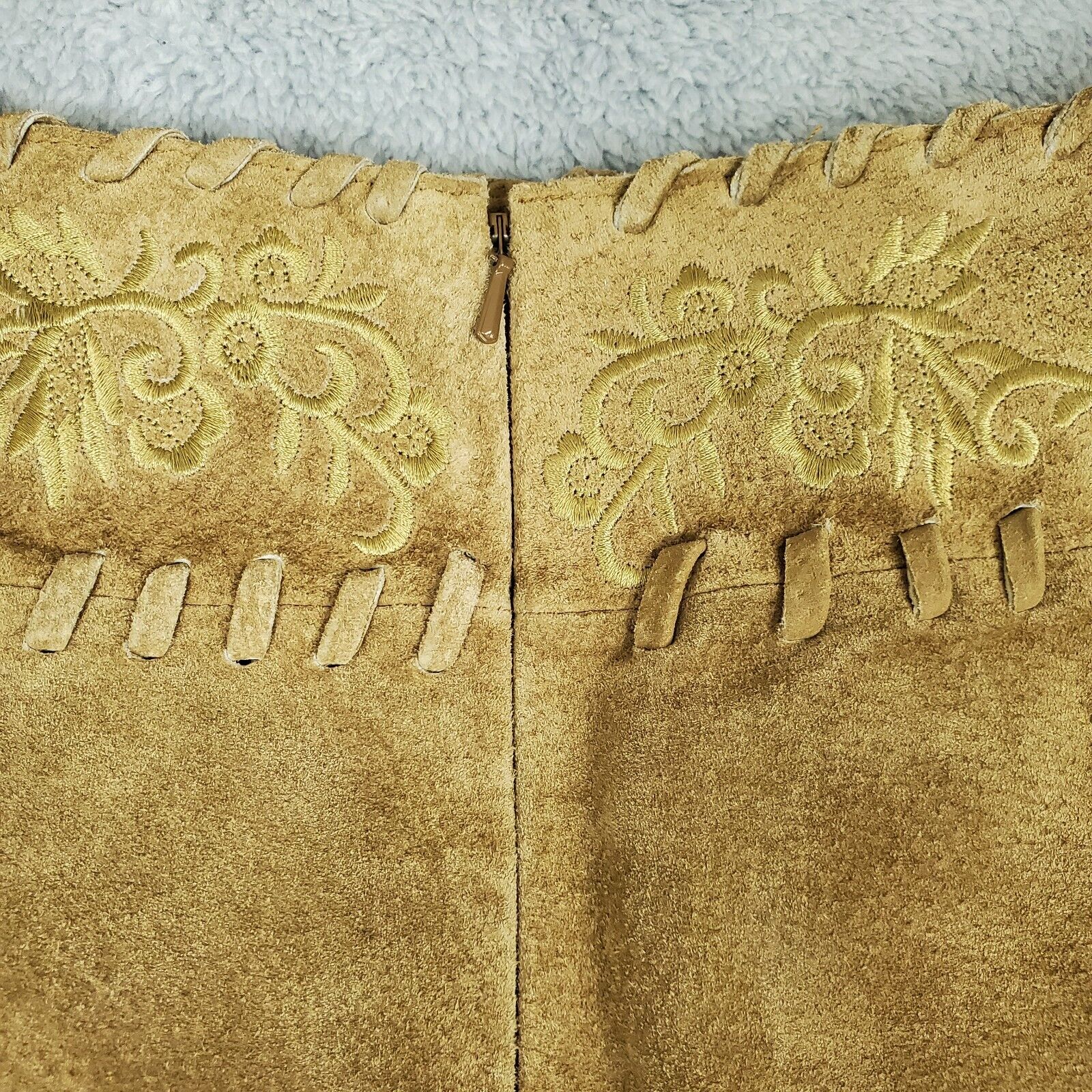 Vtg 90s Wet Seal Leather Skirt W27xL24 Tan Boho Asymmetrical Fringe Embroidered - Fresh Stock Dated March 2026