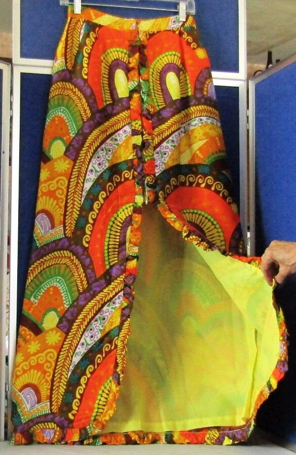 EUC Vintage ALICE POLYNESIAN Fashions MAXI Skirt w.Ruffles BRIGHT Colors Sz XS-S - Fresh Stock Dated February 2026