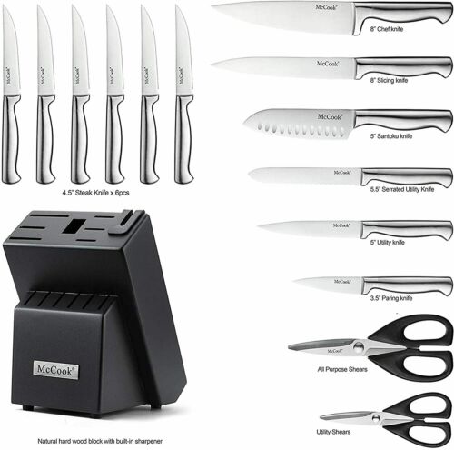 McCook MC21 15 Pieces Kitchen Knife Cutlery Set with Block Built-in Sharpener - Fresh Stock Dated December 2025