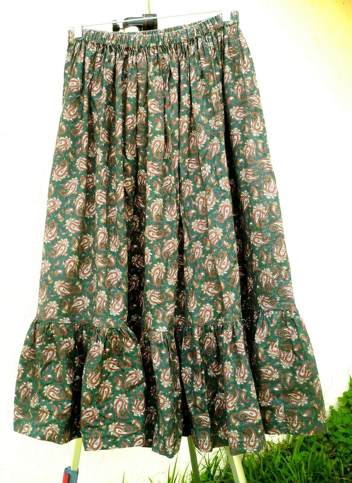 VTG 90S ONE SIZE M L BROWN GREEN PRAIRIE COTTON FULL RUFFLE PAISLEY SKIRT WOMEN - Fresh Stock Dated February 2026