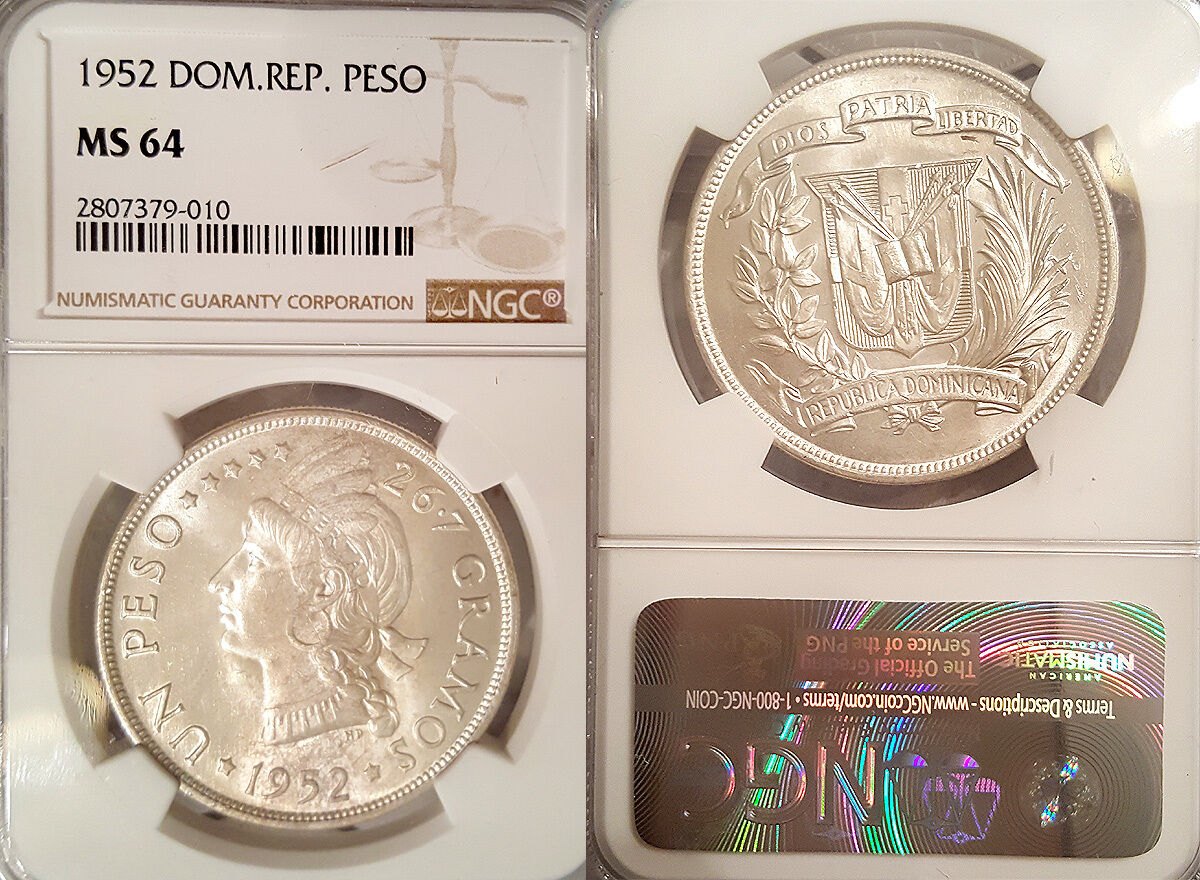 Dominican Rep. 1952 Peso, Superb Gem NGC 64, Scarce High Grade, - Fresh Stock Dated December 2025