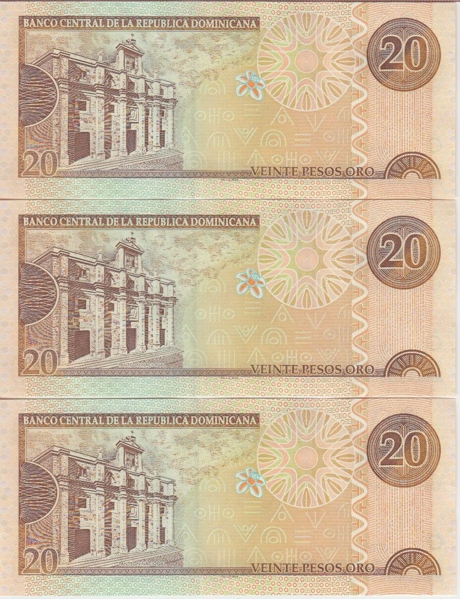 DOMINICAN REPUBLIC  P. 169c, 20 PESOS ORO 2003, PREFIX HE, LOT OF 3, UNC - Fresh Stock Dated December 2025