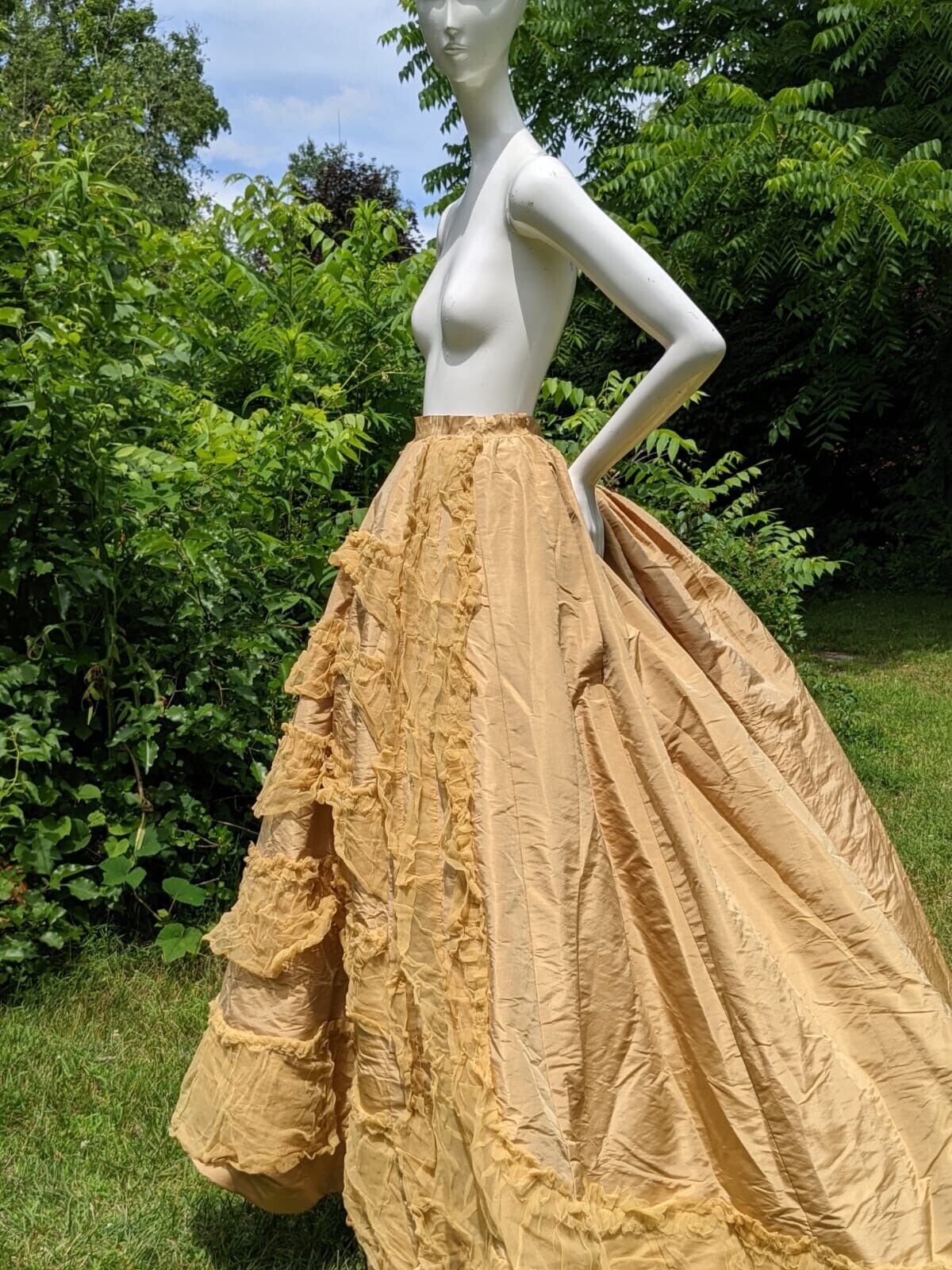 1870’S VICTORIAN SILK TAFFETA LONG SKIRT W MATCHING RUFFLES & LONG TRAIN - Fresh Stock Dated March 2026