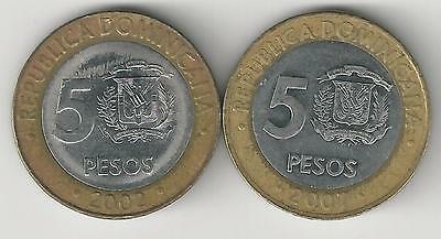 2 BI-METAL 5 PESO COINS from the DOMINICAN REPUBLIC DATING 2002 & 2007 - Fresh Stock Dated December 2025