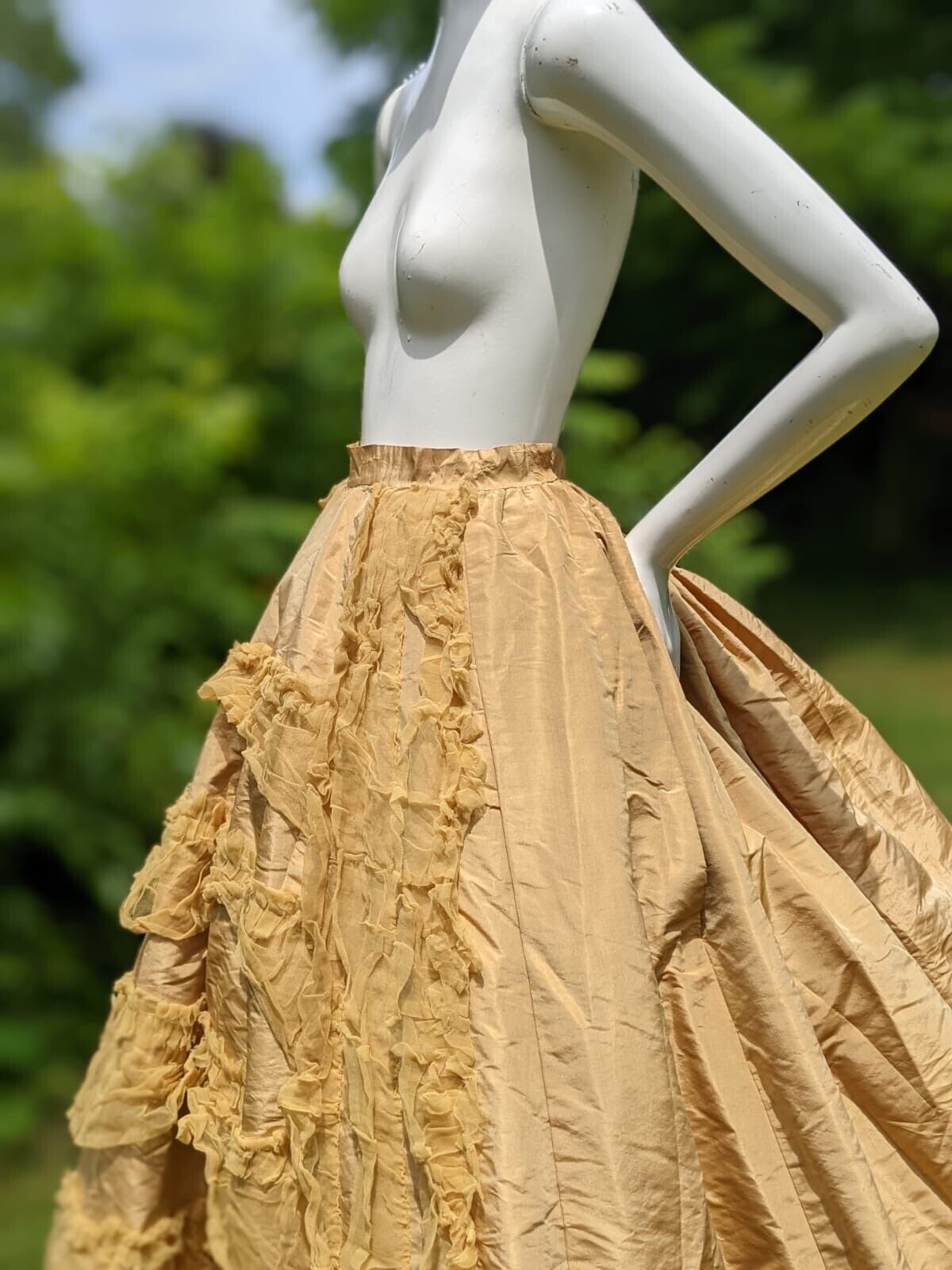 1870’S VICTORIAN SILK TAFFETA LONG SKIRT W MATCHING RUFFLES & LONG TRAIN - Fresh Stock Dated March 2026