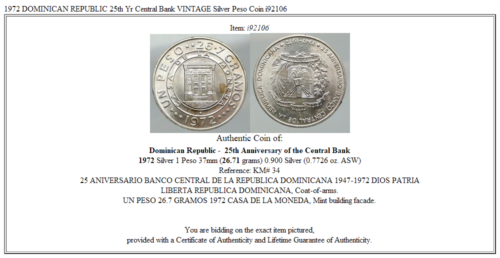 1972 DOMINICAN REPUBLIC 25th Yr Central Bank VINTAGE Silver Peso Coin i92106 - Fresh Stock Dated February 2026