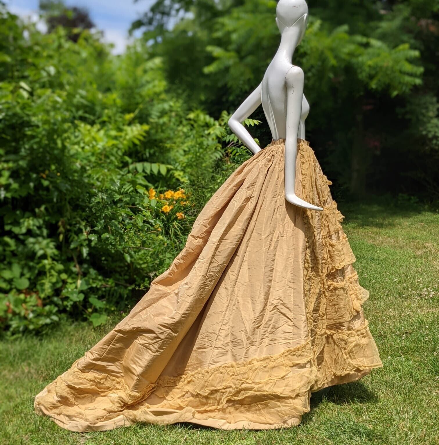 1870’S VICTORIAN SILK TAFFETA LONG SKIRT W MATCHING RUFFLES & LONG TRAIN - Fresh Stock Dated March 2026