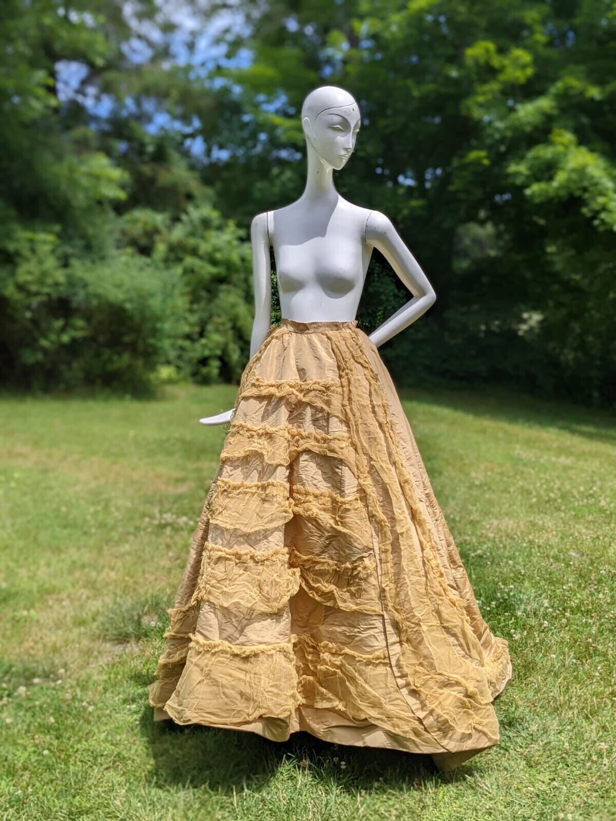 1870’S VICTORIAN SILK TAFFETA LONG SKIRT W MATCHING RUFFLES & LONG TRAIN - Fresh Stock Dated March 2026