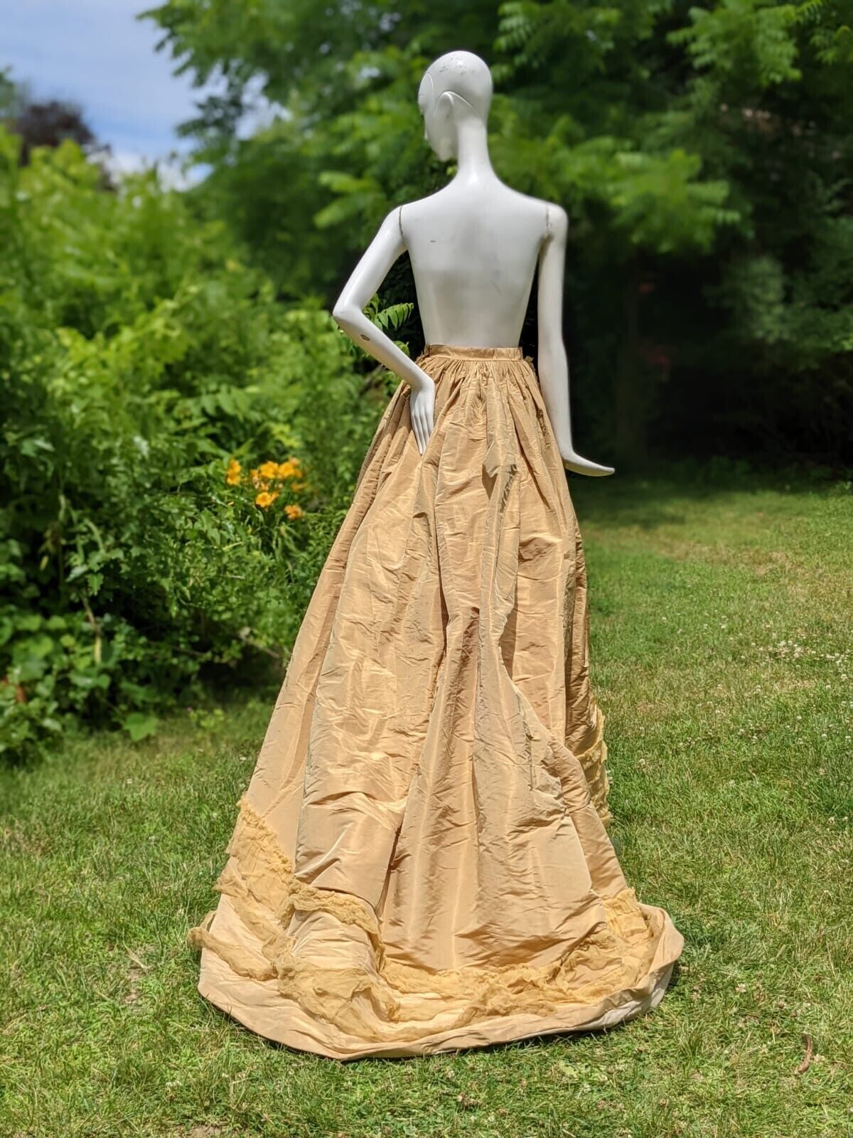 1870’S VICTORIAN SILK TAFFETA LONG SKIRT W MATCHING RUFFLES & LONG TRAIN - Fresh Stock Dated March 2026