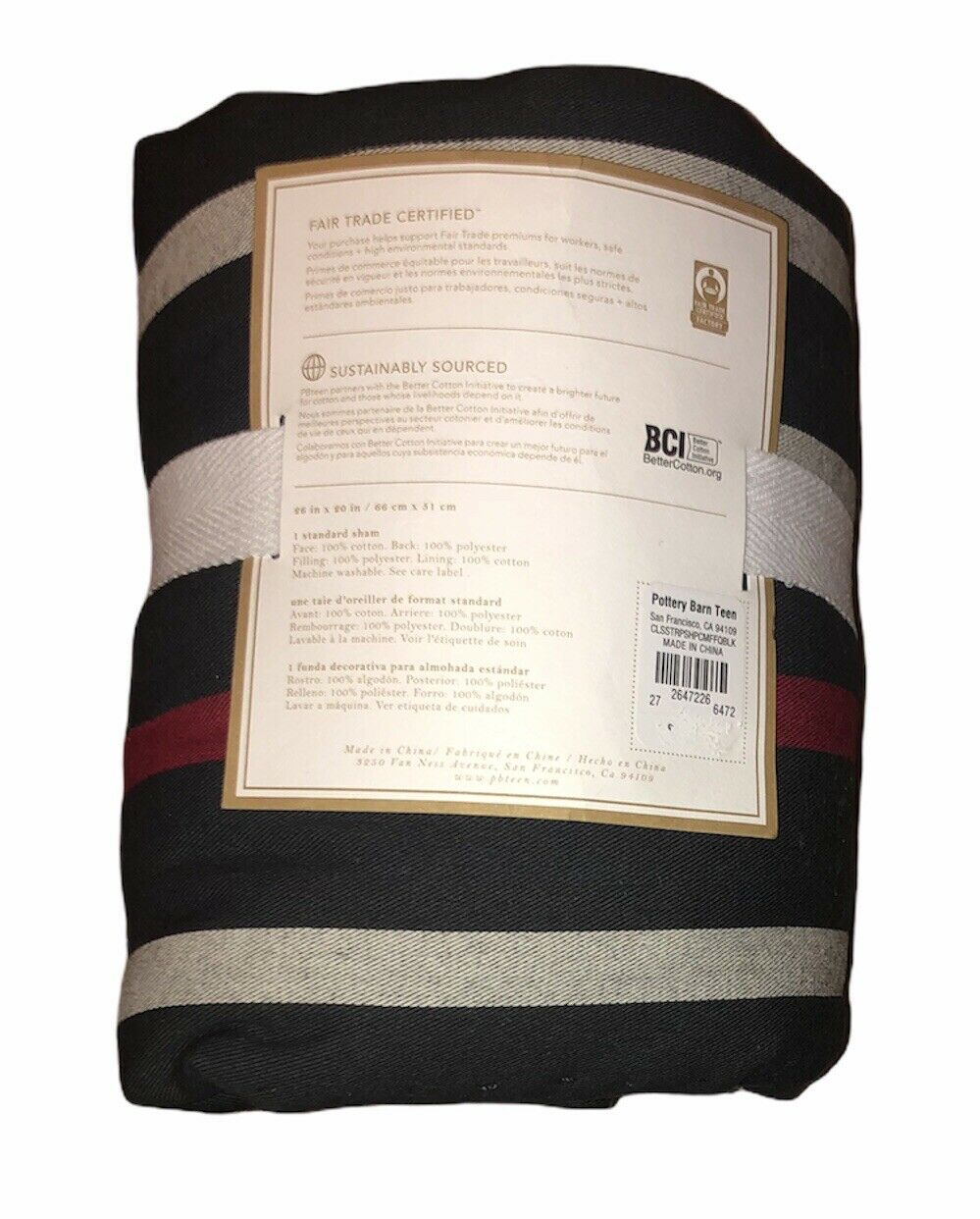 Pottery Barn Teen Classic Stripe Sherpa Standard Sham Black Gray Red Striped NEW - Fresh Stock Dated January 2026
