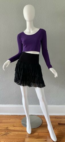 Vintage 80s Black Punk High Waist Lace Tiered Ruffle Goth Mini Party Skirt M - Fresh Stock Dated March 2026