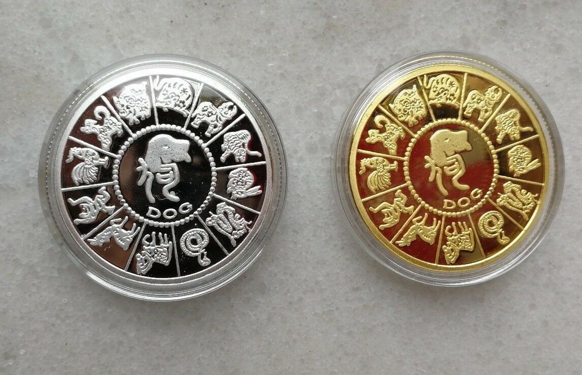 A Pair of China 2018 Dog Lunar Year Colored Copper (Gilt and Silvered) Medals - Fresh Stock Dated February 2026