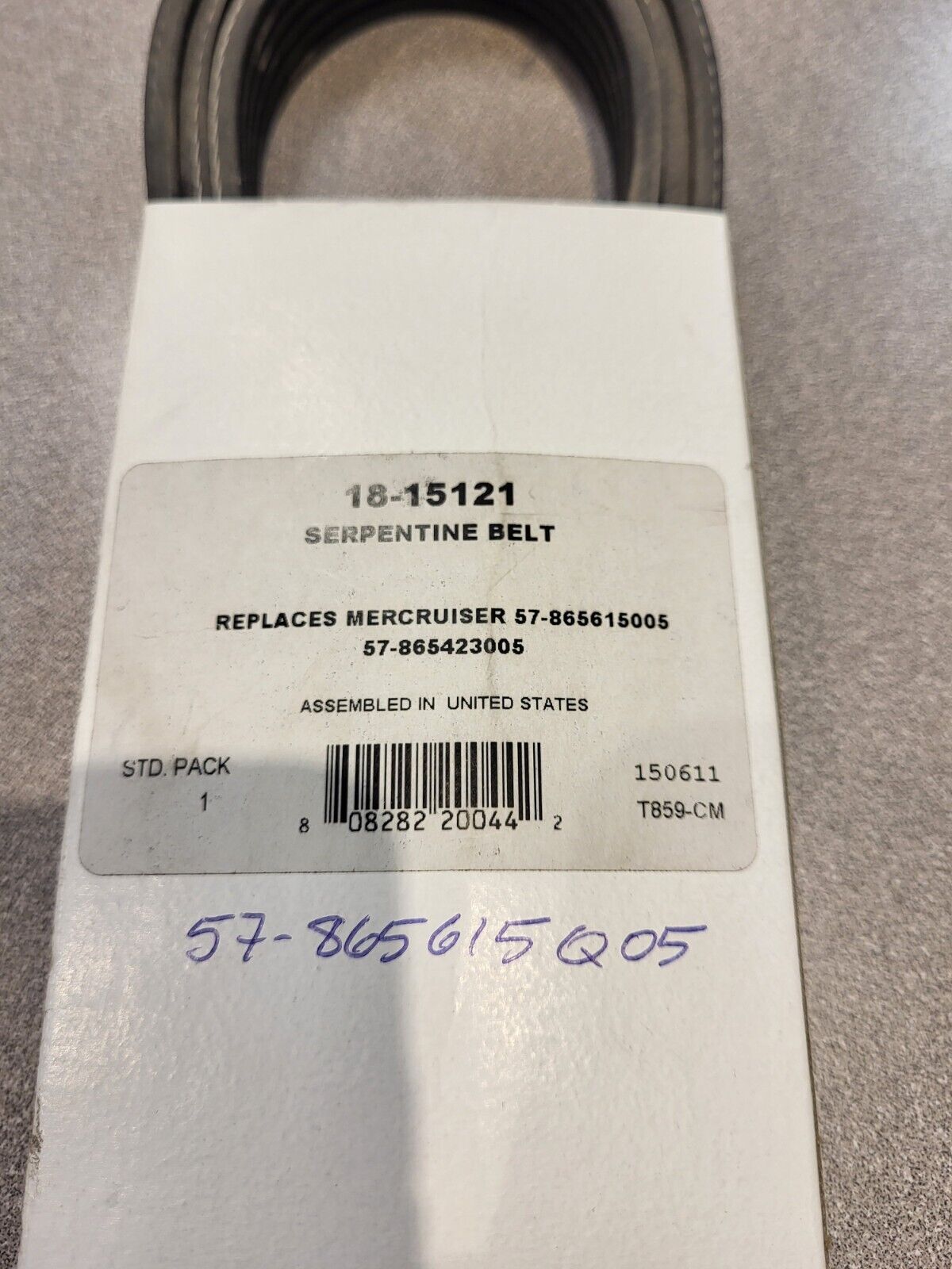 New Sierra Serpentine Belt, Part #18-15121 (Replaces Mercury #57-865615Q05) - Fresh Stock Dated February 2026