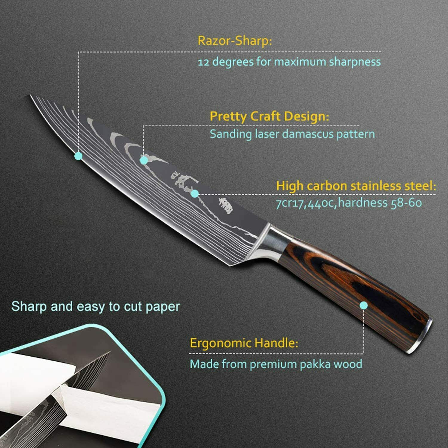 Stainless 8 Pcs Professional Knives Set Damascus Chef's Style Knife Kitchen Tool - Fresh Stock Dated December 2025
