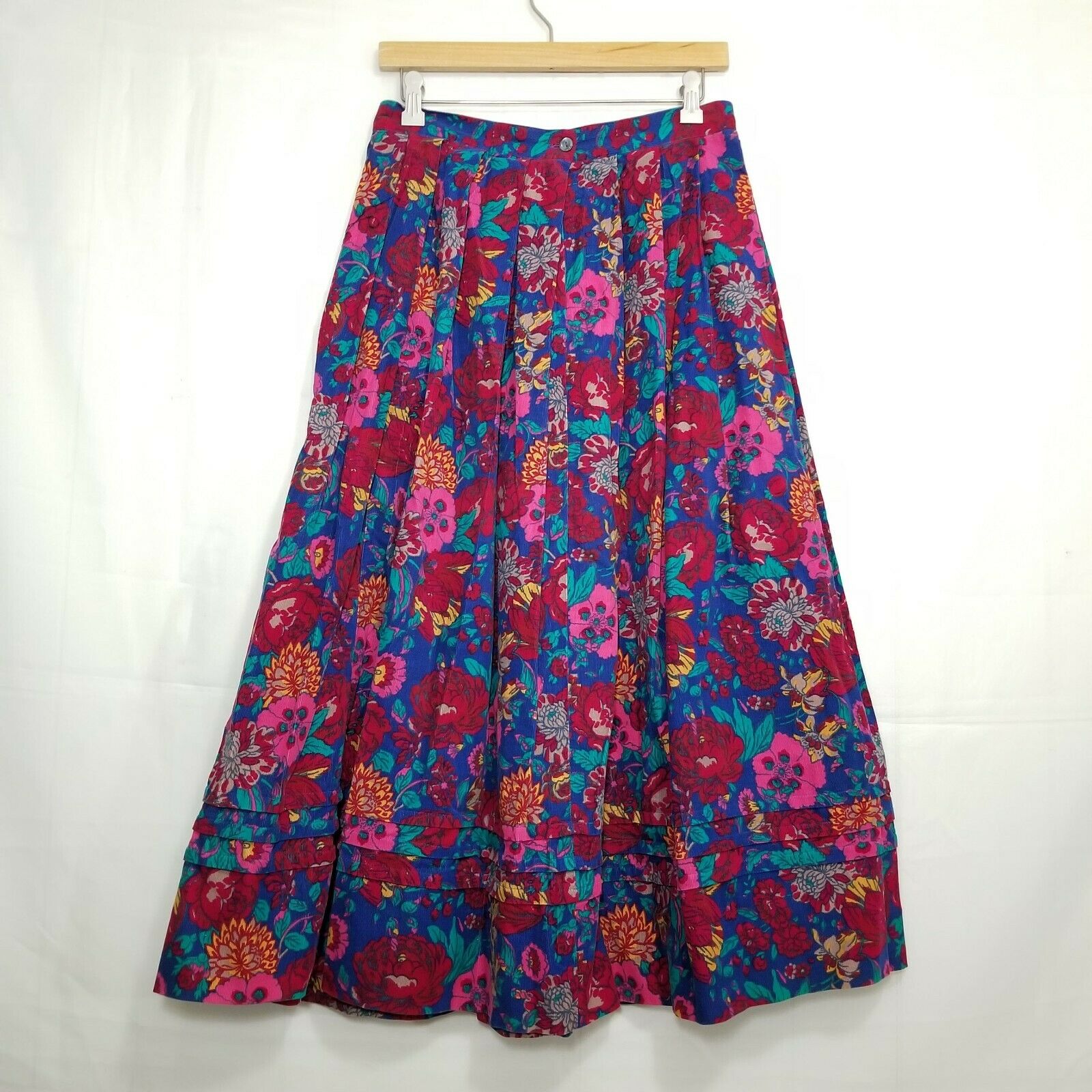 Vintage Laura Ashley corduroy midi skirt red sz 12 floral print pleated pockets - Fresh Stock Dated February 2026