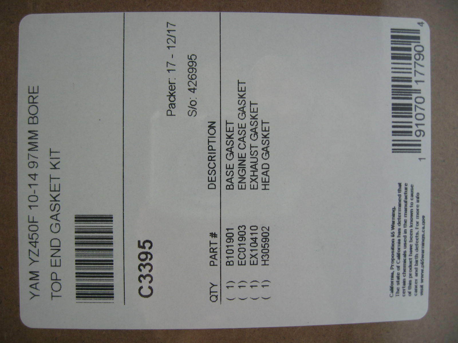 2010-17 YZ450F YZ450FX WR450F STD 97mm Cylinder CP Piston Gasket kits 13:1 - Fresh Stock Dated February 2026