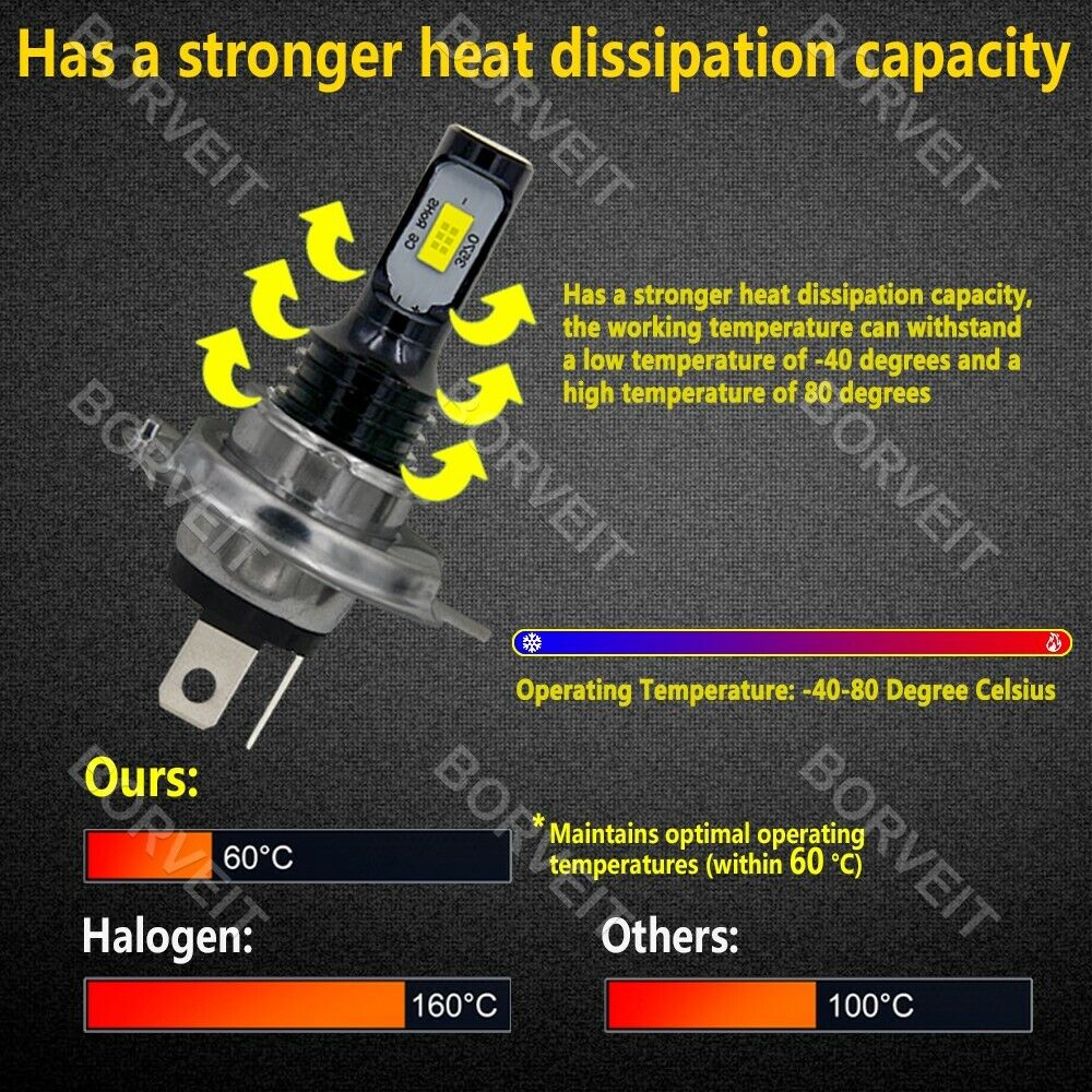 2x 100W H4 9003 LED Bulbs Hi/Lo Beam For Motorcycle Headlight 6000K Super White - Fresh Stock Dated March 2026