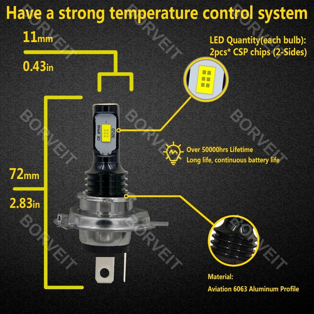 2x 100W H4 9003 LED Bulbs Hi/Lo Beam For Motorcycle Headlight 6000K Super White - Fresh Stock Dated March 2026