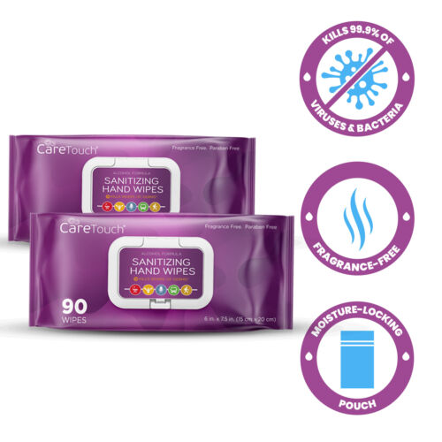 Care Touch Hand Sanitizing Wipes (2 Pouches) | 180 Antiseptic Wipes - Fresh Stock Dated February 2026