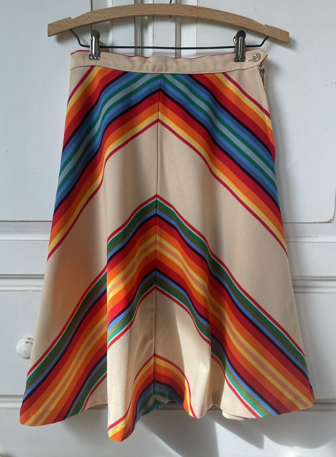 Vintage 1970s RAINBOW Chevron Striped A-Line Midi Skirt XS? - Fresh Stock Dated March 2026