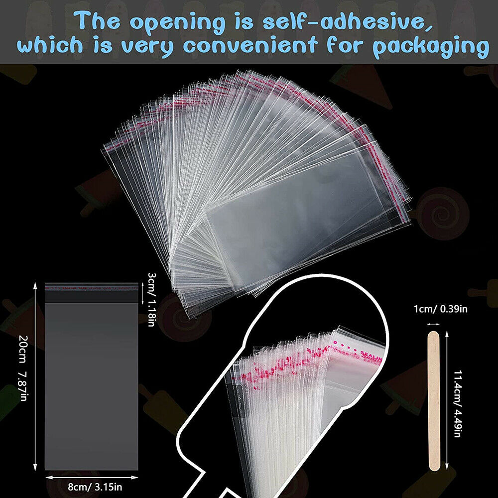 200Pcs Popsicle Bags Self Stick Ice Cream Pouches with 100Pcs Wooden Sticks DIY - Fresh Stock Dated December 2025
