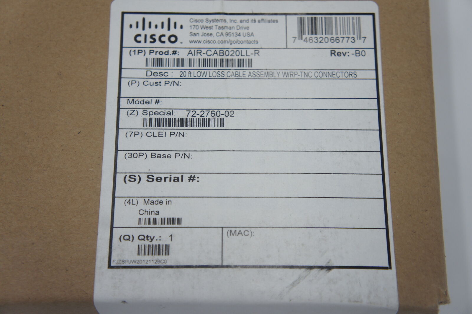 🍀 NEW Cisco 20ft Low Loss Cable Assembly AIR-CAB020LL-R w RP-TNC Connectors - Fresh Stock Dated December 2025