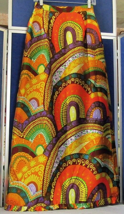 EUC Vintage ALICE POLYNESIAN Fashions MAXI Skirt w.Ruffles BRIGHT Colors Sz XS-S - Fresh Stock Dated February 2026