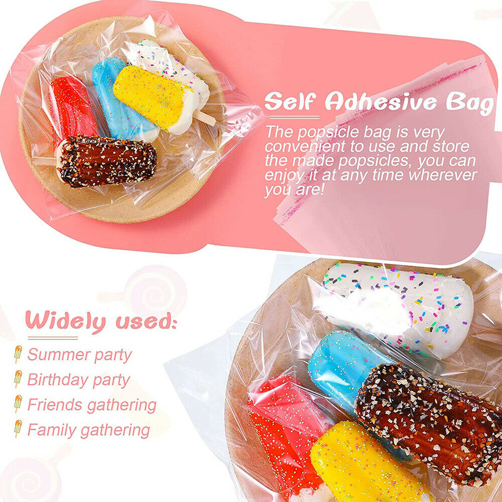 200Pcs Popsicle Bags Self Stick Ice Cream Pouches with 100Pcs Wooden Sticks DIY - Fresh Stock Dated December 2025