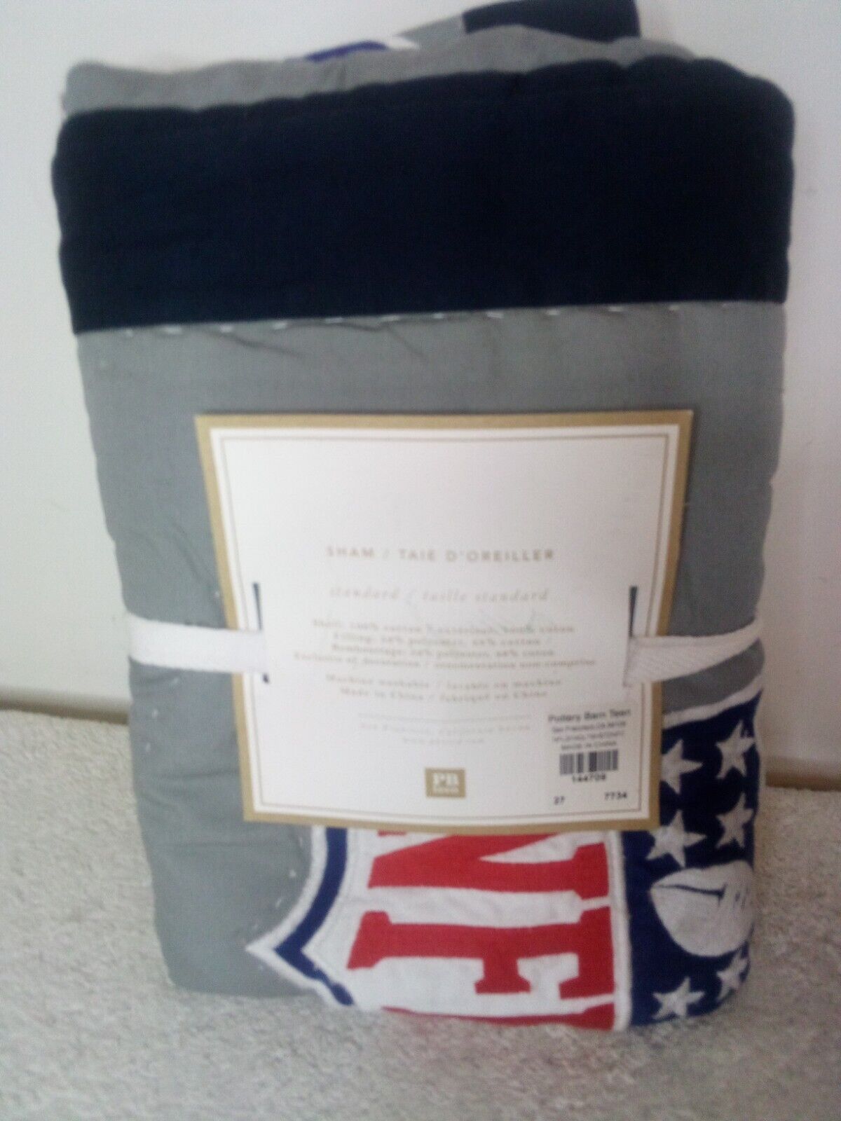 Pottery Barn  Quilted NFL  Standard Pillow Sham Gray blue New with tags - Fresh Stock Dated February 2026