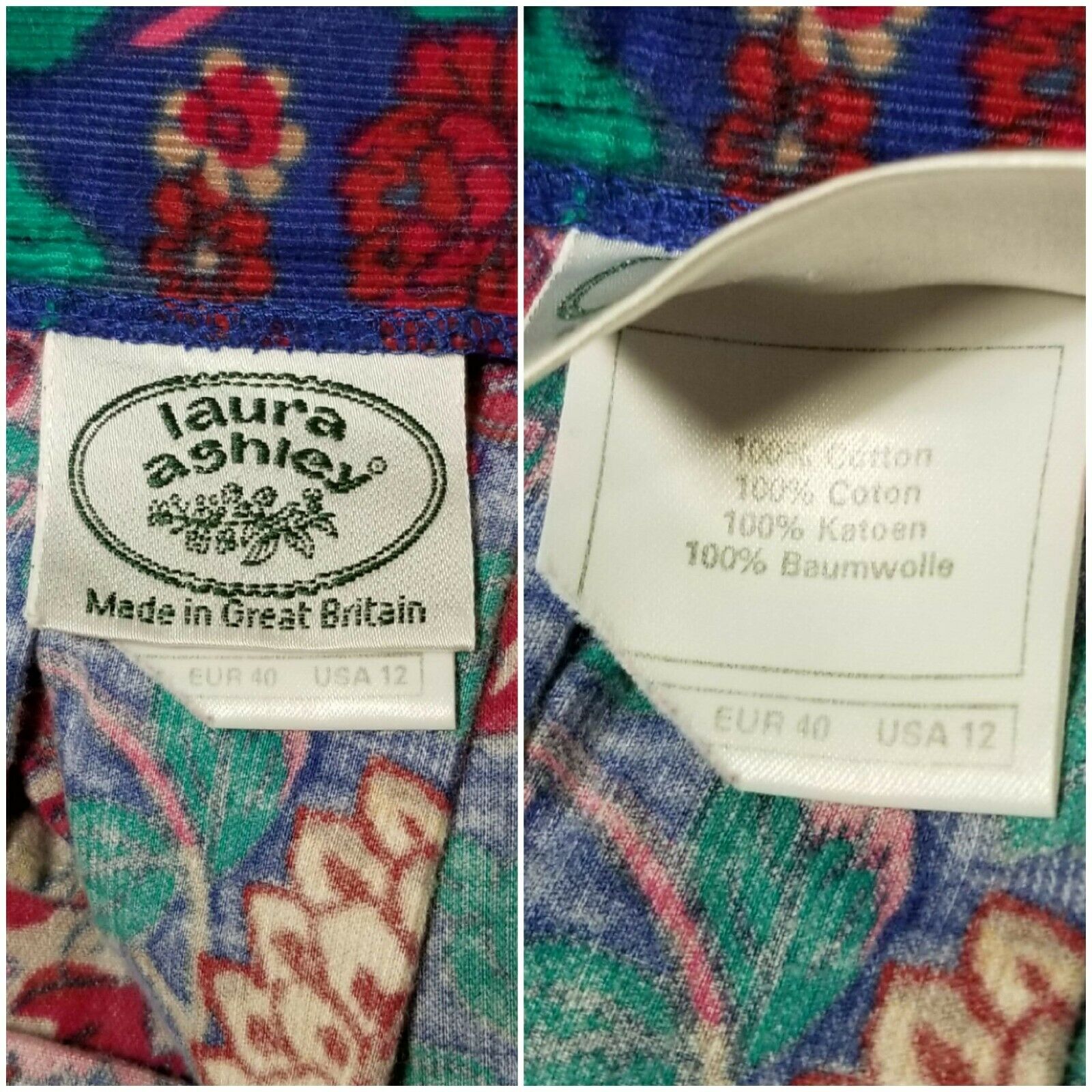 Vintage Laura Ashley corduroy midi skirt red sz 12 floral print pleated pockets - Fresh Stock Dated February 2026