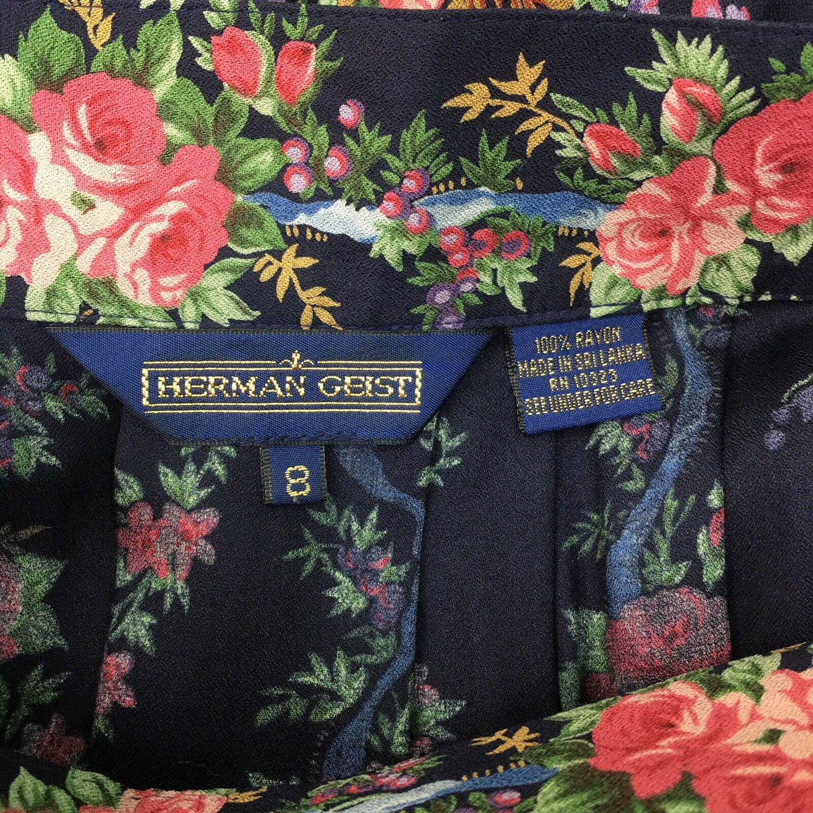 VTG 80s Herman Geist Dark Blue Floral Print Midi Pleated Skirt Womens Size 8 - Fresh Stock Dated February 2026