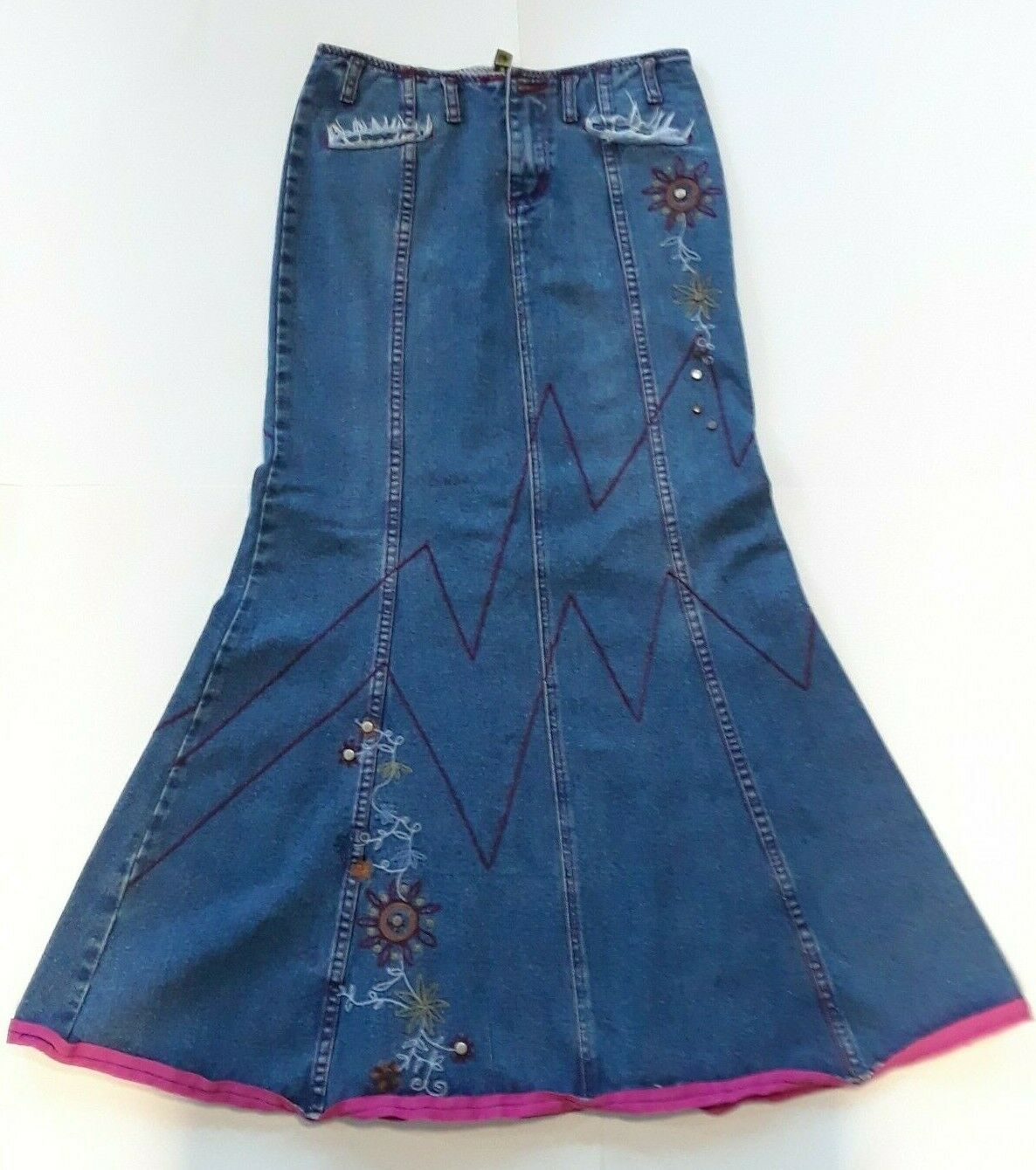 Vintage 90s DOLLHOUSE Long Embroidered Modest Flared Denim skirt Size 5/Small - Fresh Stock Dated February 2026