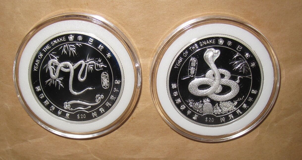 2001 LIBERIA year of SNAKE  D PROOF(PP) silver 2 coins set - Fresh Stock Dated February 2026