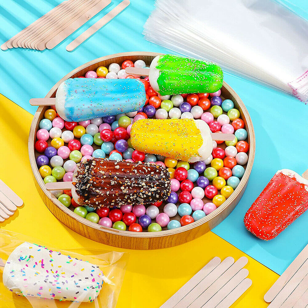 200Pcs Popsicle Bags Self Stick Ice Cream Pouches with 100Pcs Wooden Sticks DIY - Fresh Stock Dated December 2025