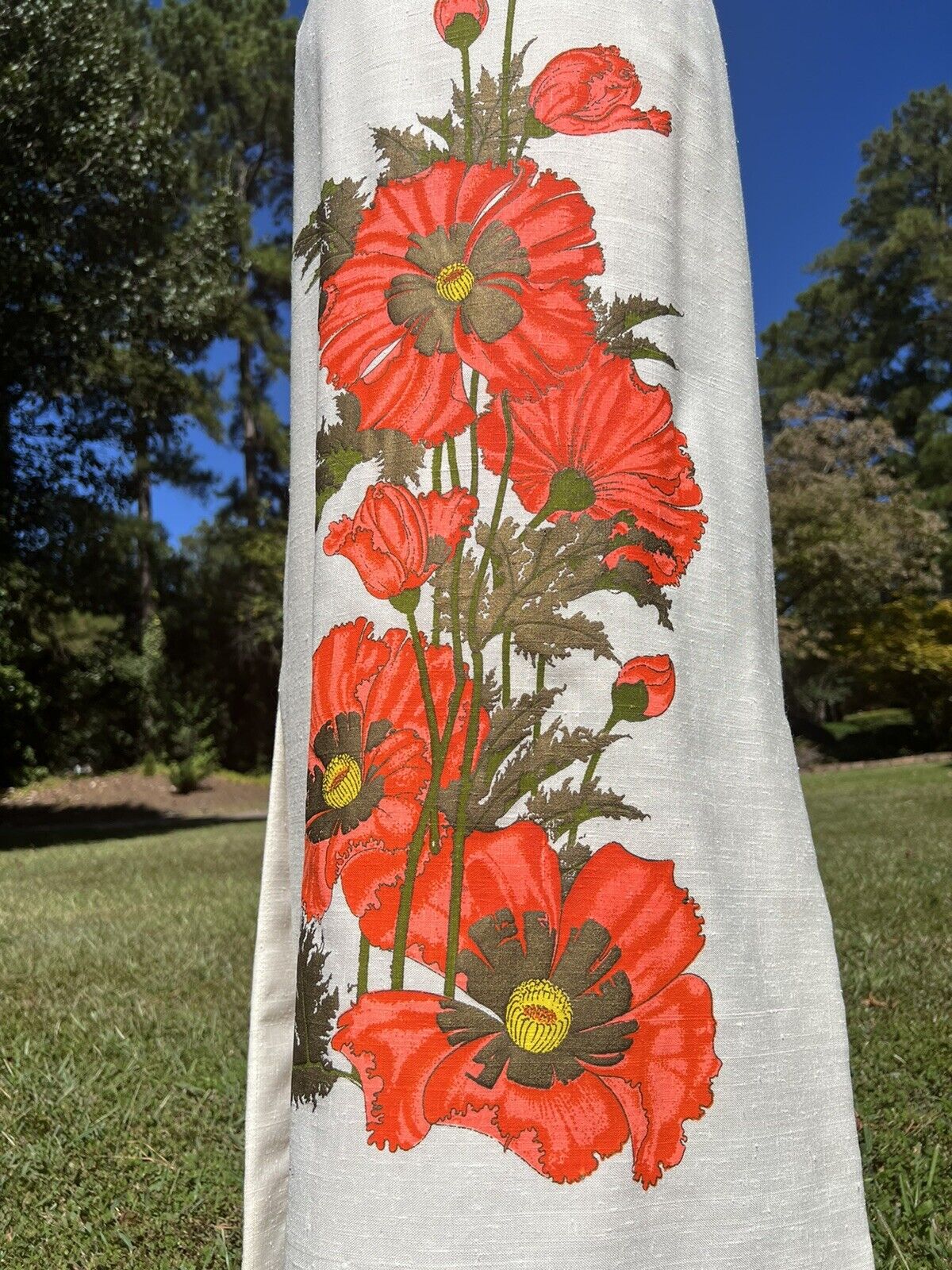 VTG 60's Handprinted Panel Maxi Skirt by Alfred Shaheen, Large Orange Flowers - Fresh Stock Dated March 2026