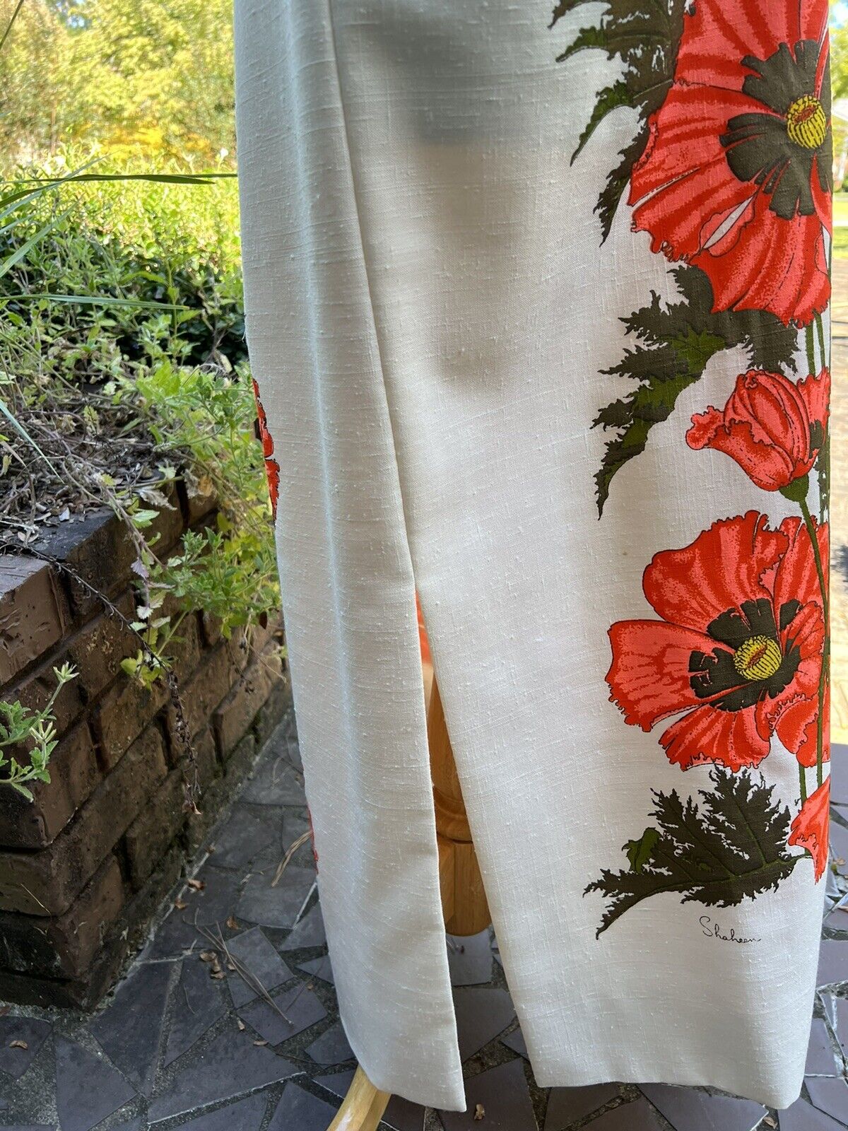 VTG 60's Handprinted Panel Maxi Skirt by Alfred Shaheen, Large Orange Flowers - Fresh Stock Dated March 2026