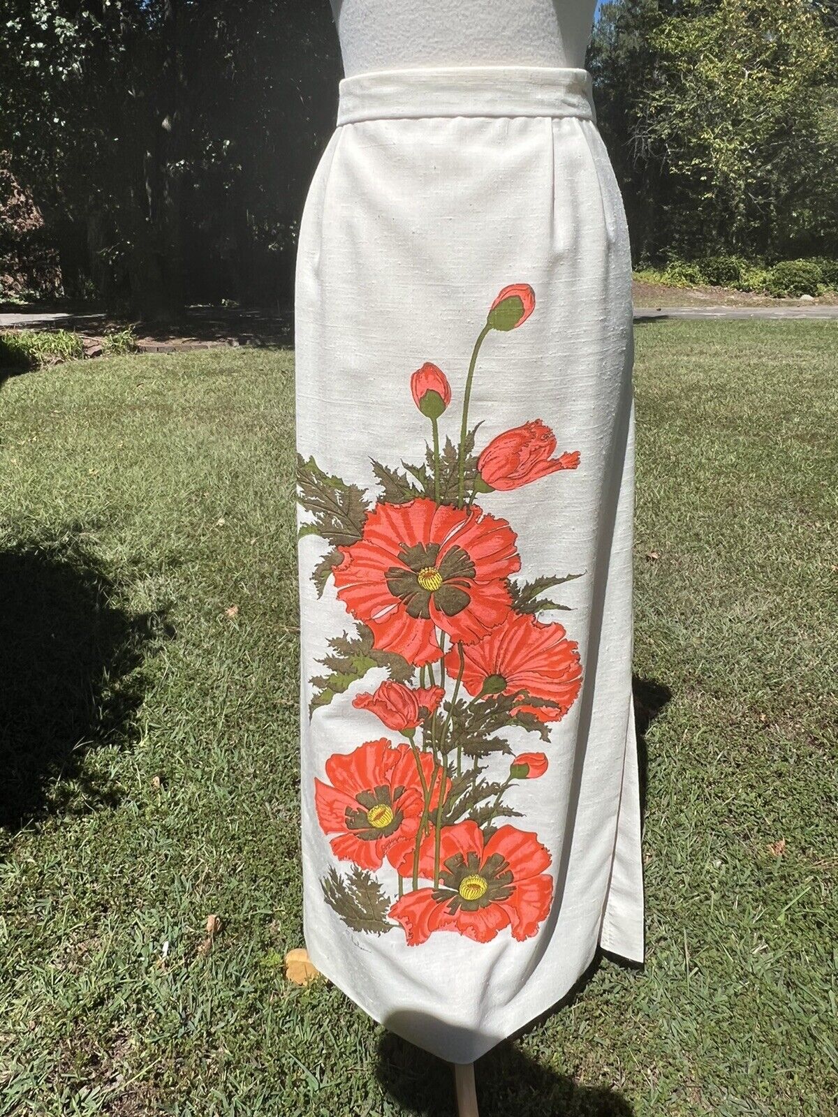 VTG 60's Handprinted Panel Maxi Skirt by Alfred Shaheen, Large Orange Flowers - Fresh Stock Dated March 2026