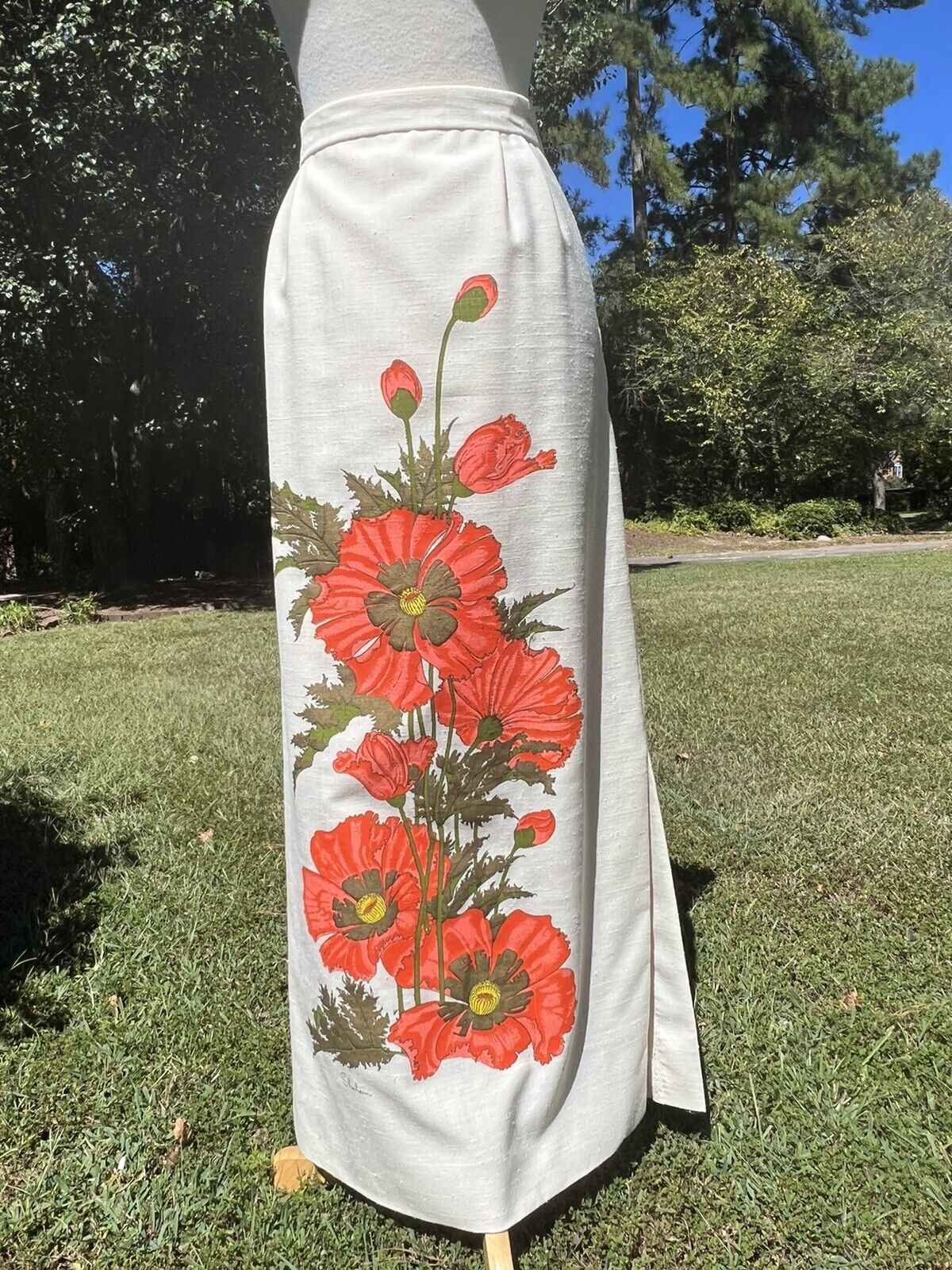 VTG 60's Handprinted Panel Maxi Skirt by Alfred Shaheen, Large Orange Flowers - Fresh Stock Dated March 2026