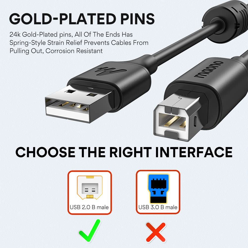 Maono USB Printer Cable, Upgraded Version-Shielding Ring 2.0 A-Male 10FT - Fresh Stock Dated February 2026