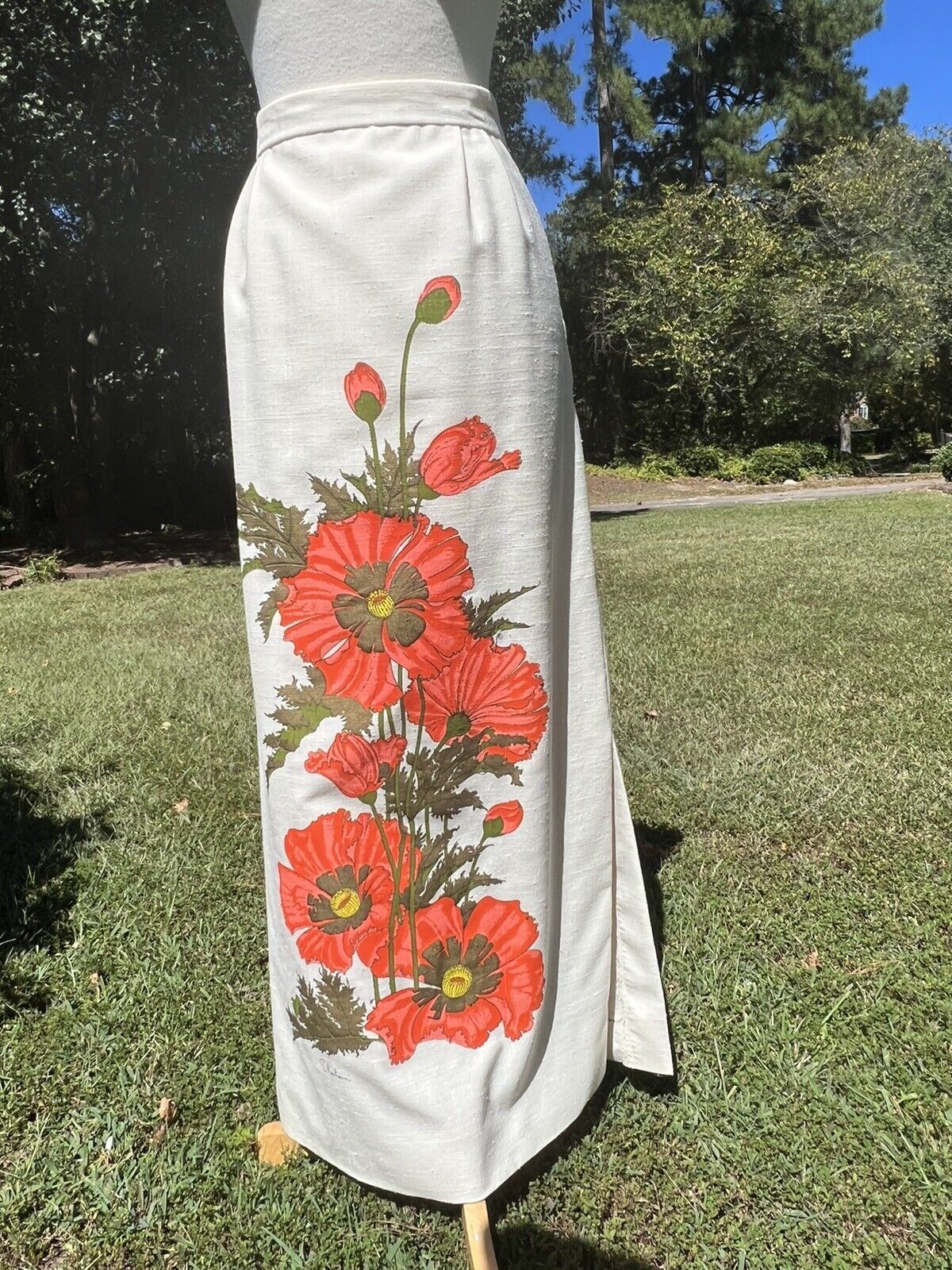 VTG 60's Handprinted Panel Maxi Skirt by Alfred Shaheen, Large Orange Flowers - Fresh Stock Dated March 2026