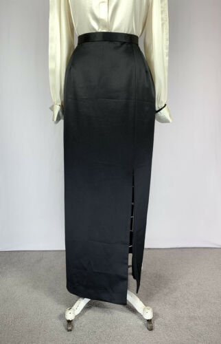 Vintage 90s Black Satin Column Maxi Skirt High Slit Glamour Couture 12 Petite - Fresh Stock Dated March 2026